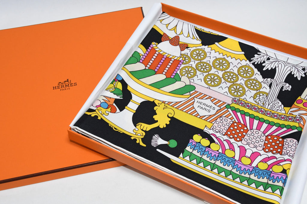 Hermes Scarf La Patisserie Francaise 90 cm silk black Carre french pastry 35"