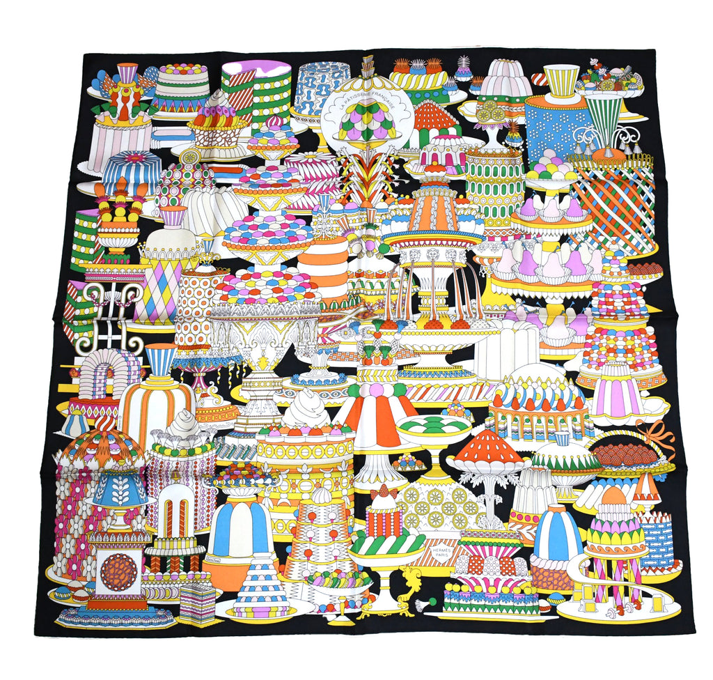 Hermes Scarf La Patisserie Francaise 90 cm silk black Carre french pastry 35"