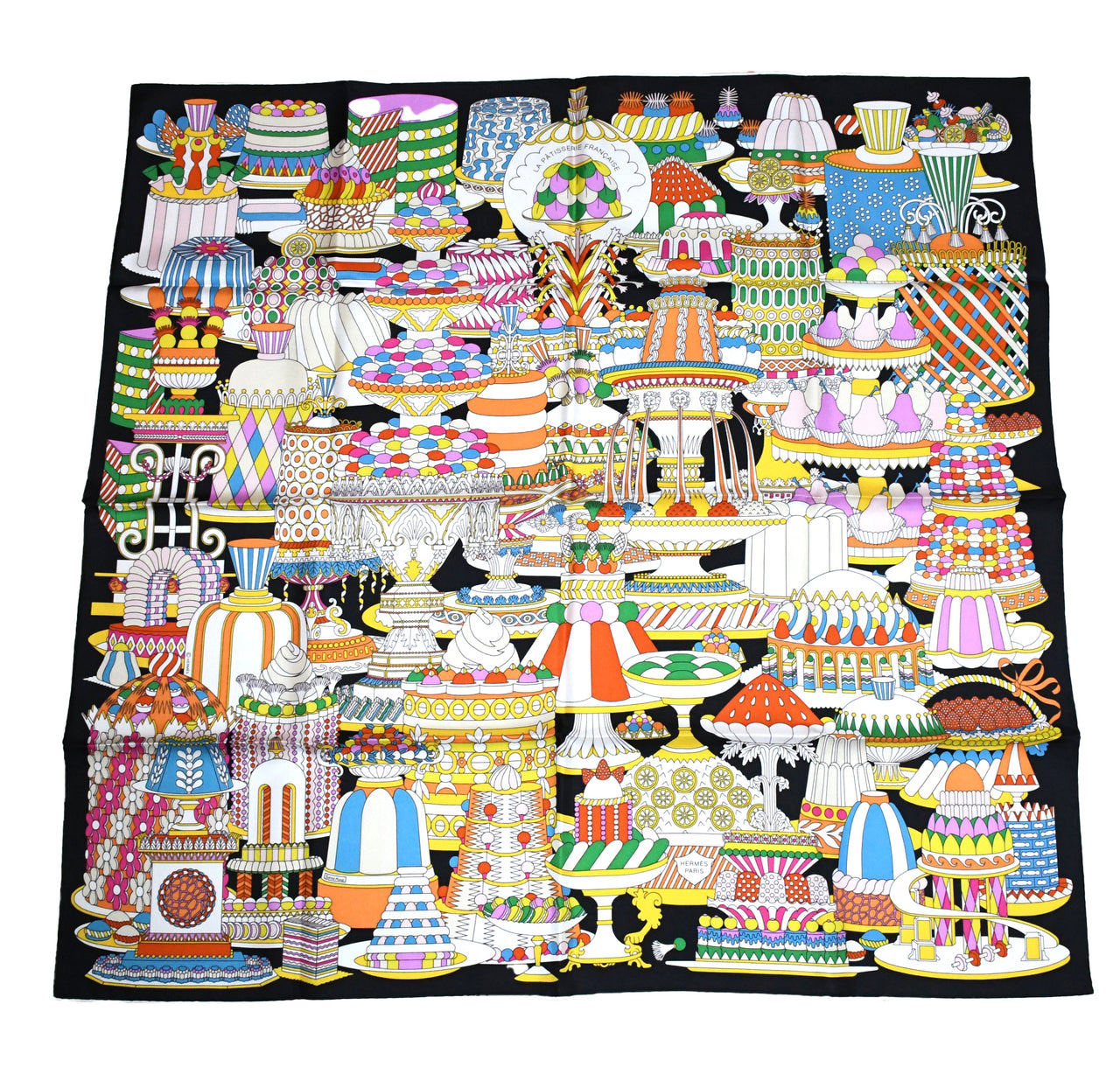 Hermes Scarf La Patisserie Francaise 90 cm silk black Carre french pastry 35"
