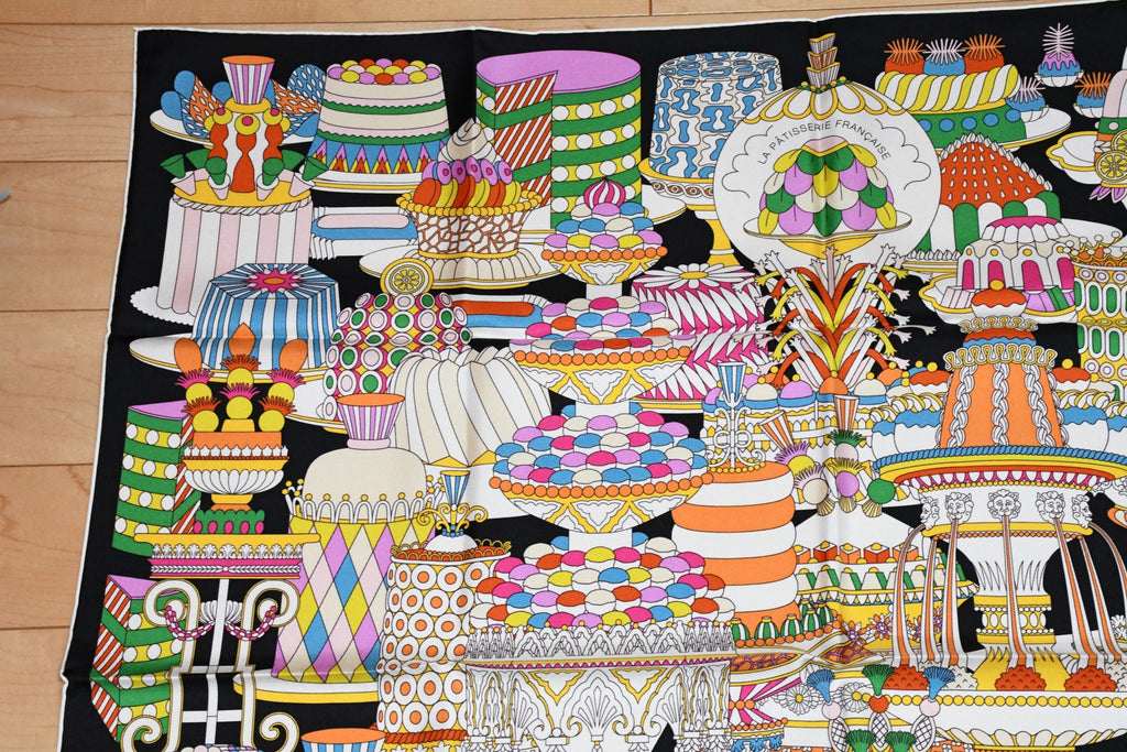 Hermes Scarf La Patisserie Francaise 90 cm silk black Carre french pastry 35"