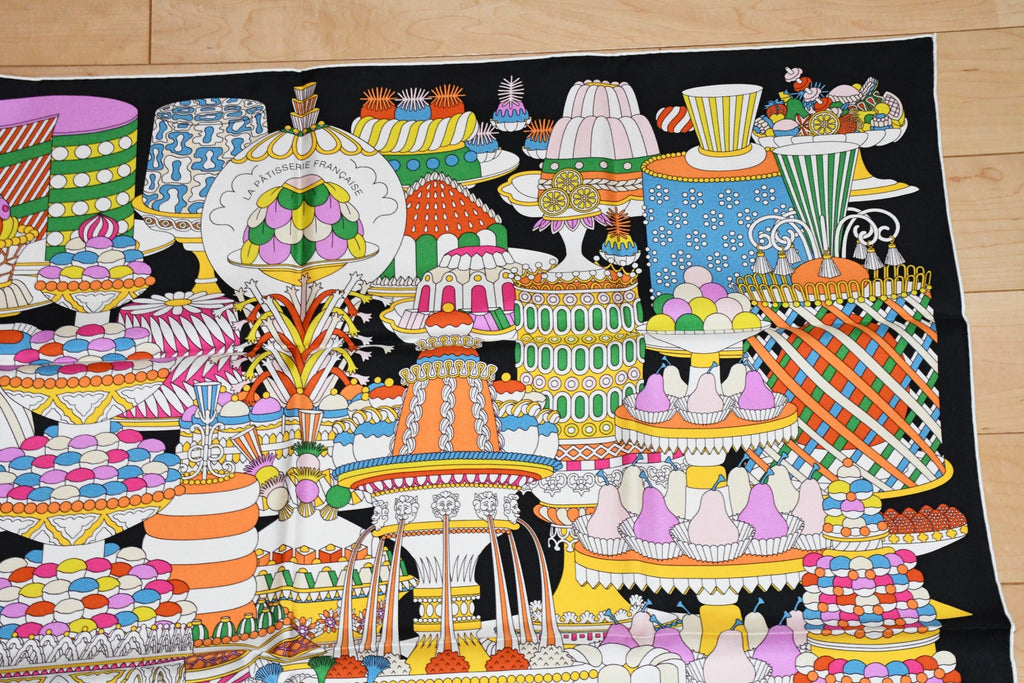 Hermes Scarf La Patisserie Francaise 90 cm silk black Carre french pastry 35"