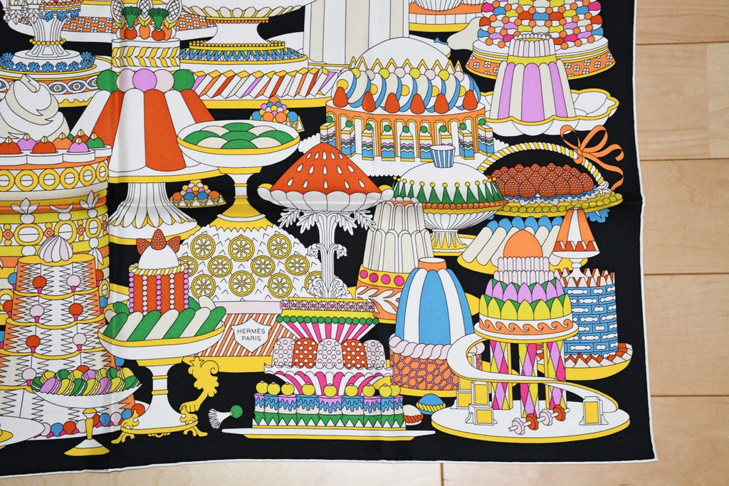 Hermes Scarf La Patisserie Francaise 90 cm silk black Carre french pastry 35"