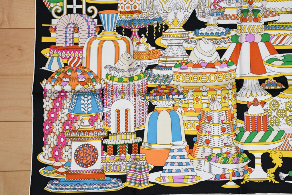 Hermes Scarf La Patisserie Francaise 90 cm silk black Carre french pastry 35"