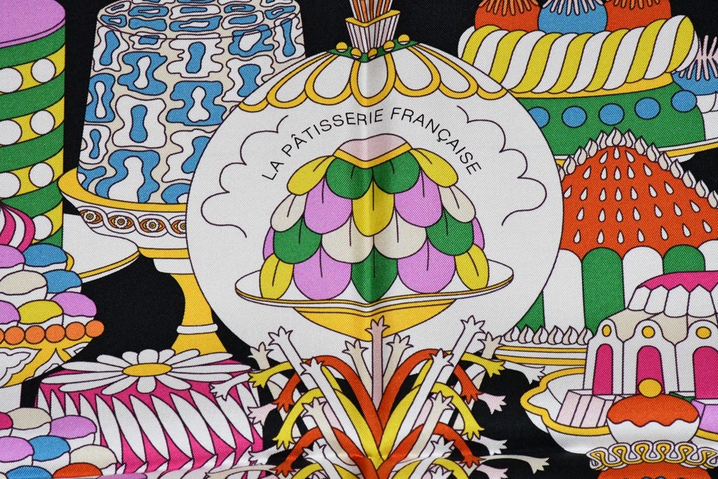 Hermes Scarf La Patisserie Francaise 90 cm silk black Carre french pastry 35"