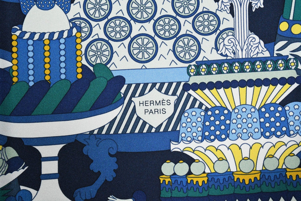Hermes Scarf La Patisserie Francaise 90 cm silk blue Carre french pastry 35"
