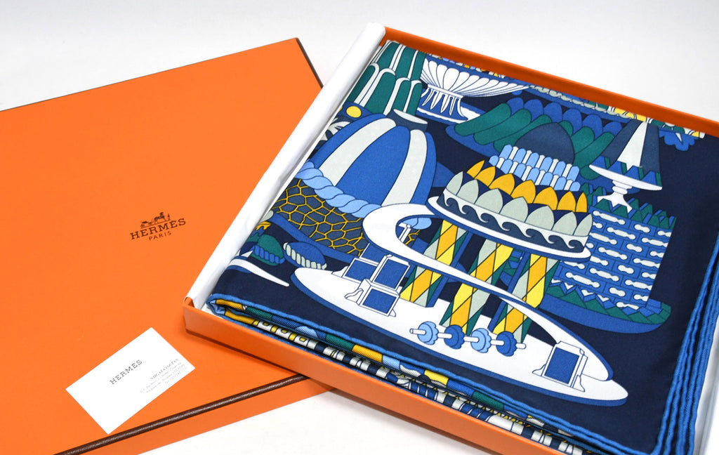 Hermes Scarf La Patisserie Francaise 90 cm silk blue Carre french pastry 35"