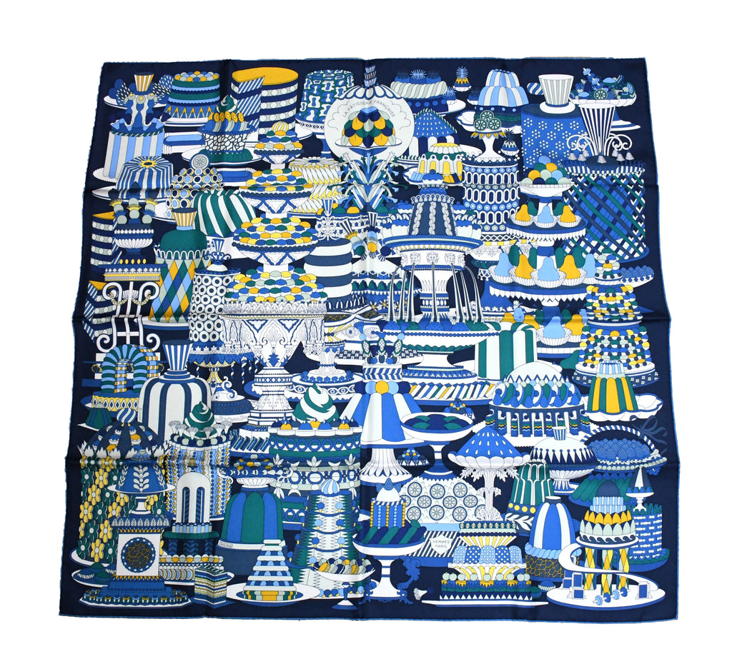 Hermes Scarf La Patisserie Francaise 90 cm silk blue Carre french pastry 35"