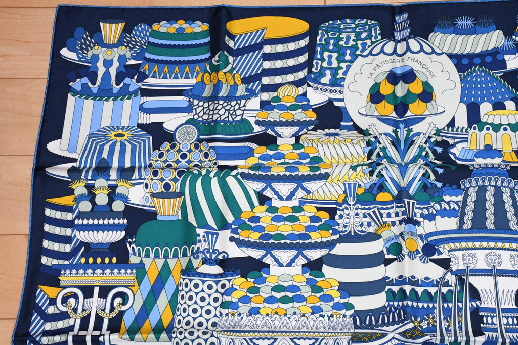 Hermes Scarf La Patisserie Francaise 90 cm silk blue Carre french pastry 35"