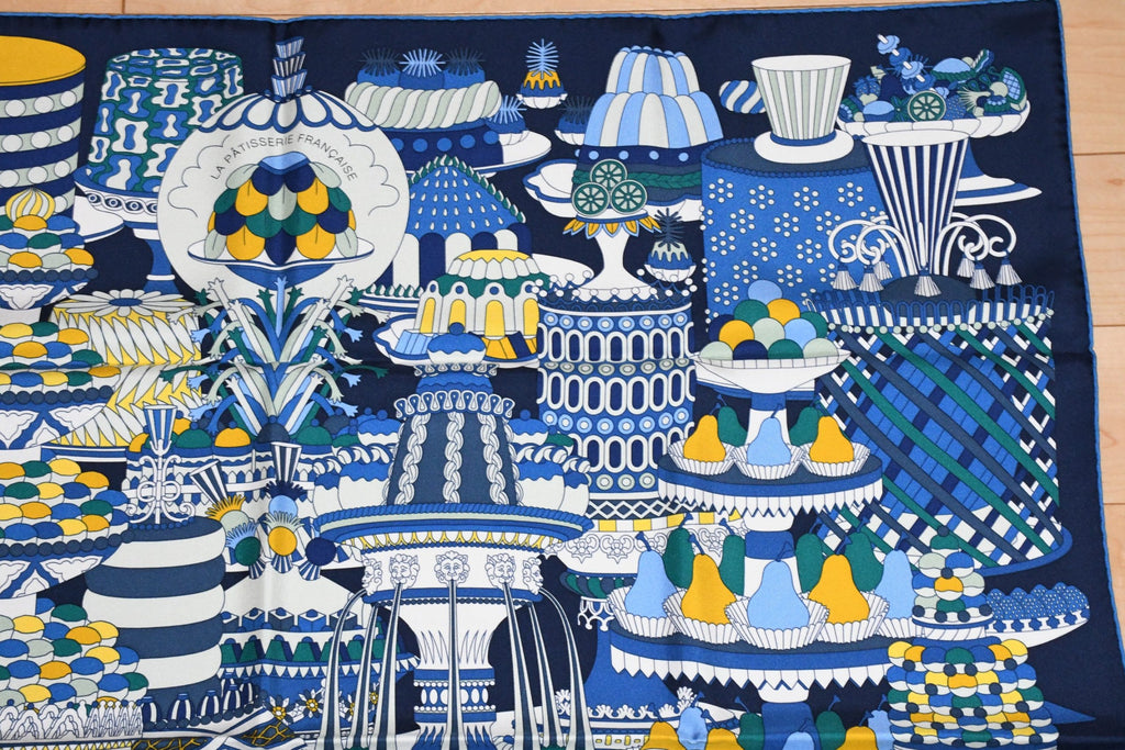 Hermes Scarf La Patisserie Francaise 90 cm silk blue Carre french pastry 35"