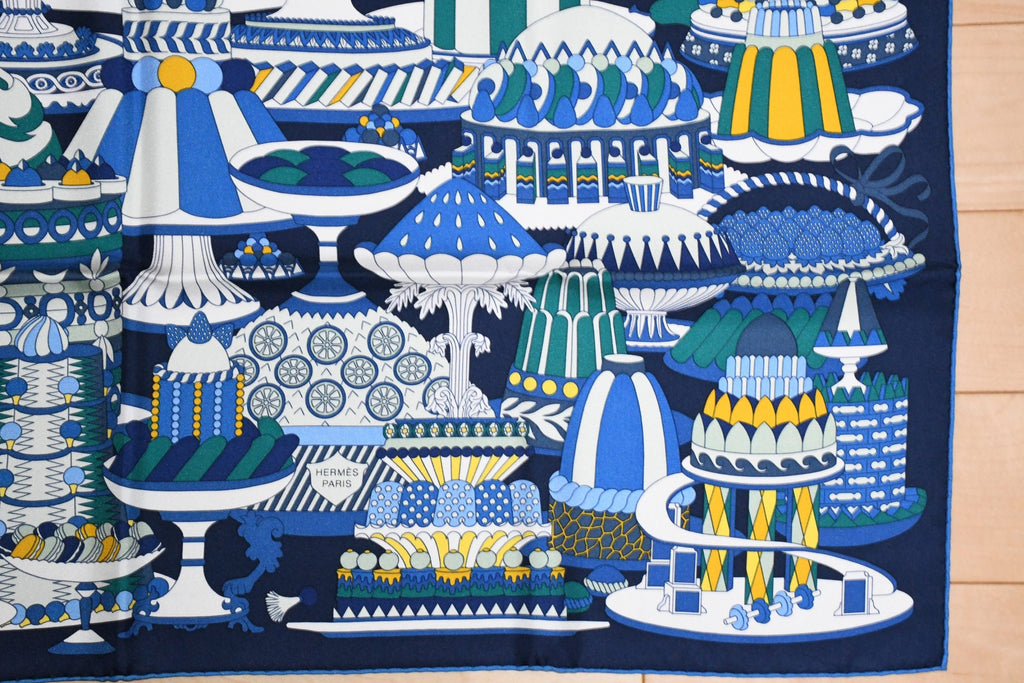 Hermes Scarf La Patisserie Francaise 90 cm silk blue Carre french pastry 35"