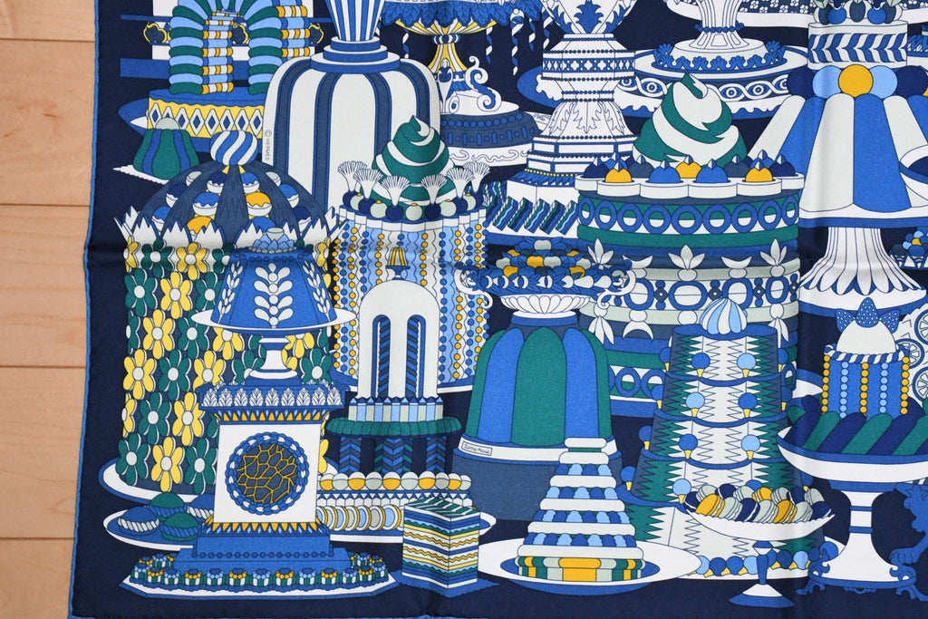 Hermes Scarf La Patisserie Francaise 90 cm silk blue Carre french pastry 35"