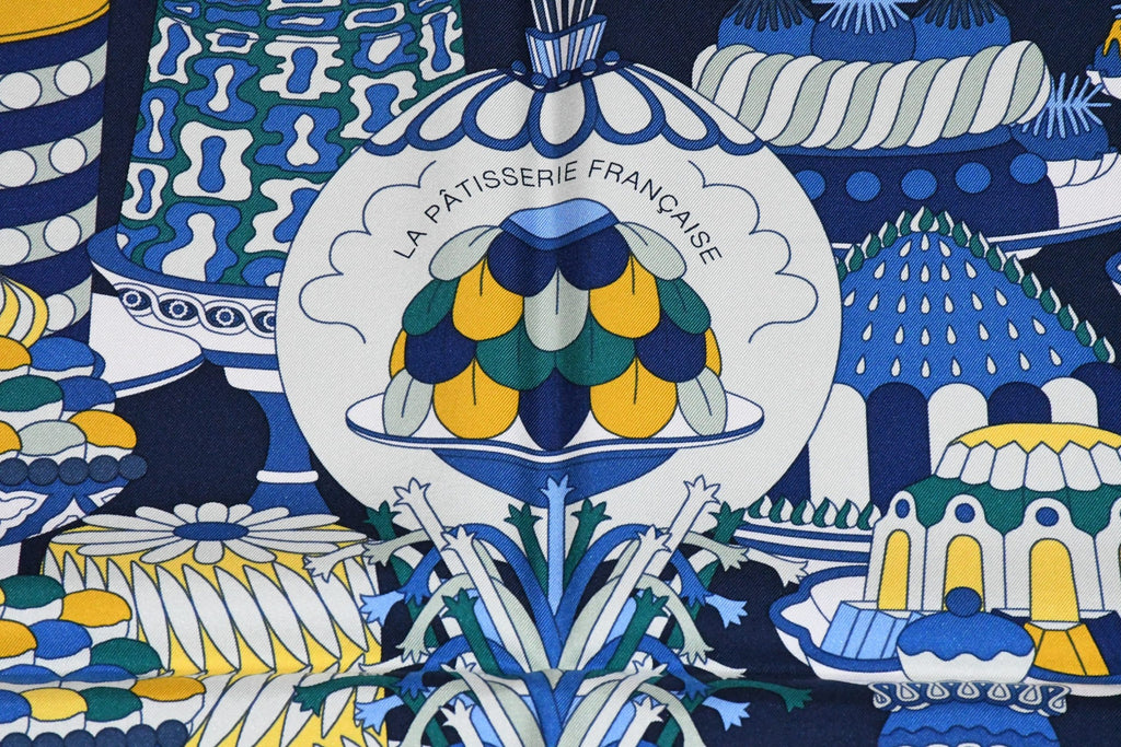 Hermes Scarf La Patisserie Francaise 90 cm silk blue Carre french pastry 35"
