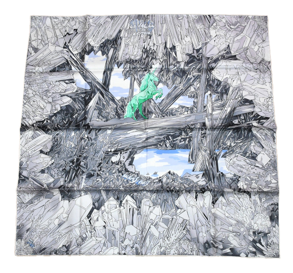 Hermes Scarf La Vallee de Cristal 90 cm silk green white Carre unicorn horse 35"