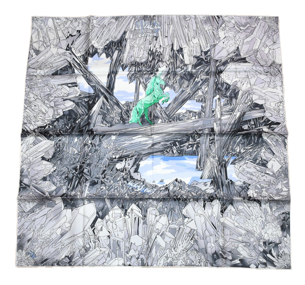 Hermes Scarf La Vallee de Cristal 90 cm silk green white Carre unicorn horse 35"