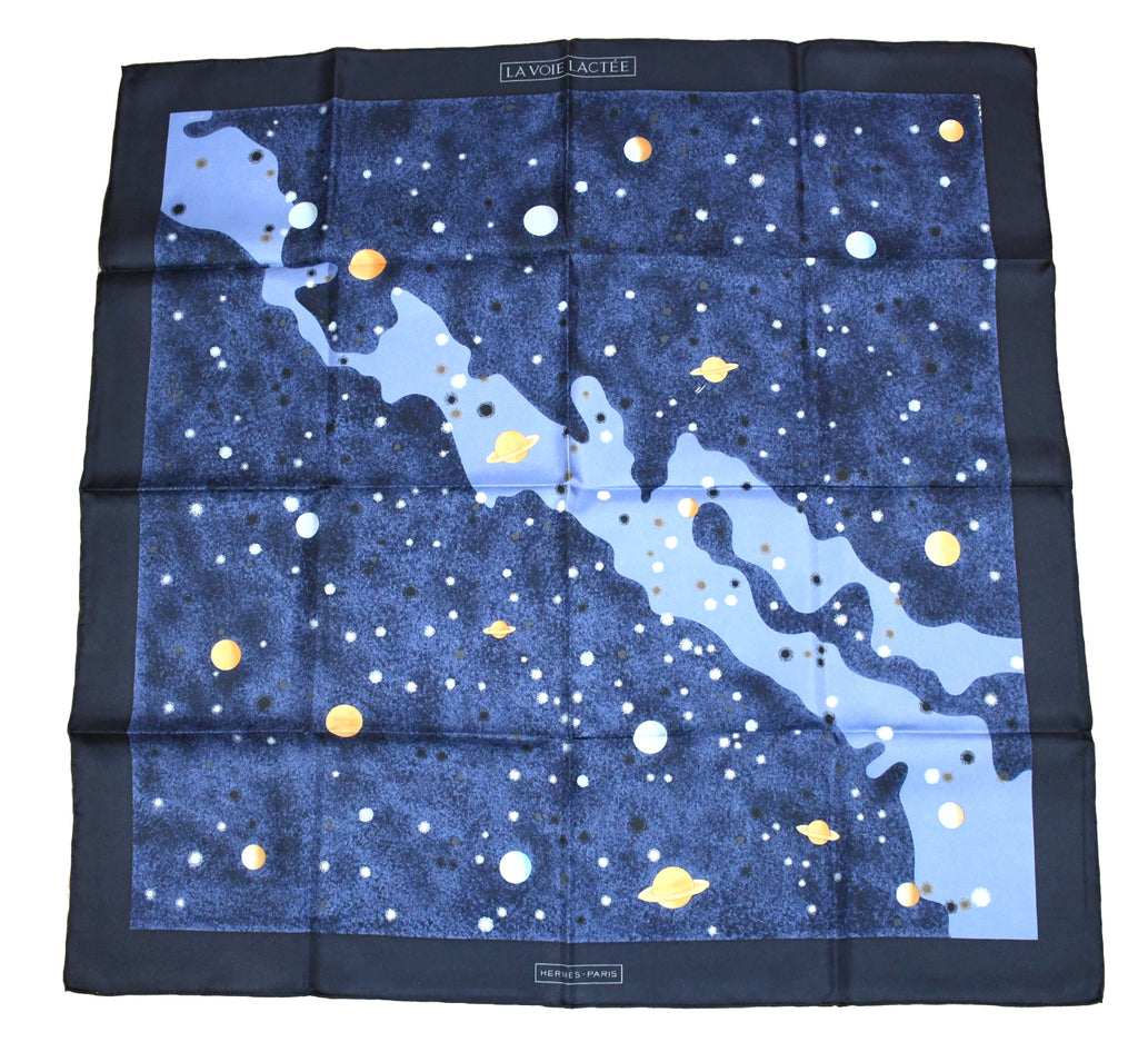 Hermes Scarf La Voie Lactee by Wlodek Kaminski 90 cm silk milky way navy blue black