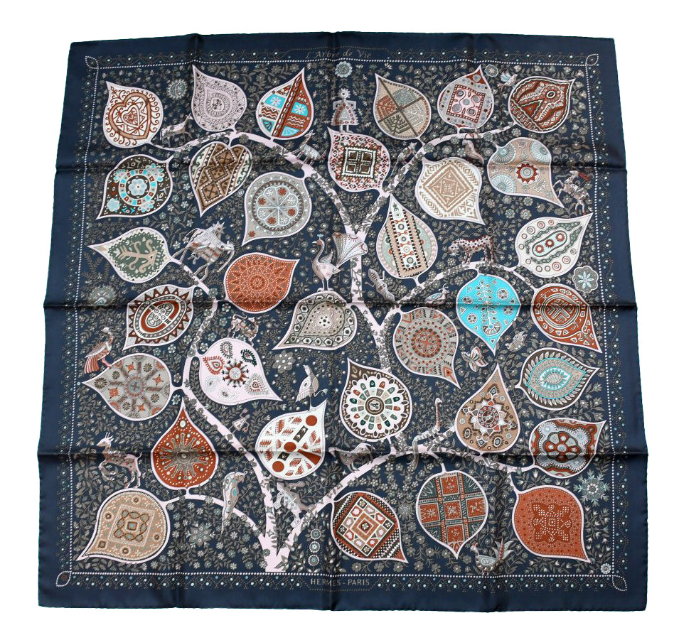 Hermes Scarf L'arbre de vie 90 cm silk reglisse black Carre life tree 35"