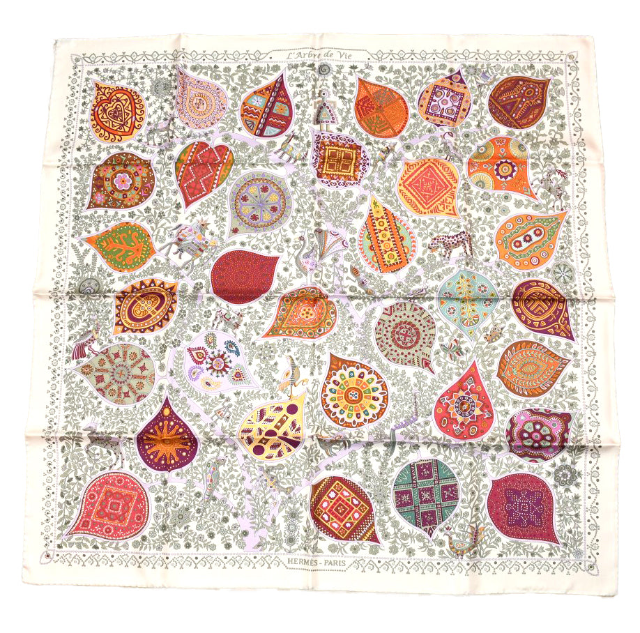 Hermes Scarf L'arbre de vie 90 cm silk white Carre life tree flower 35"