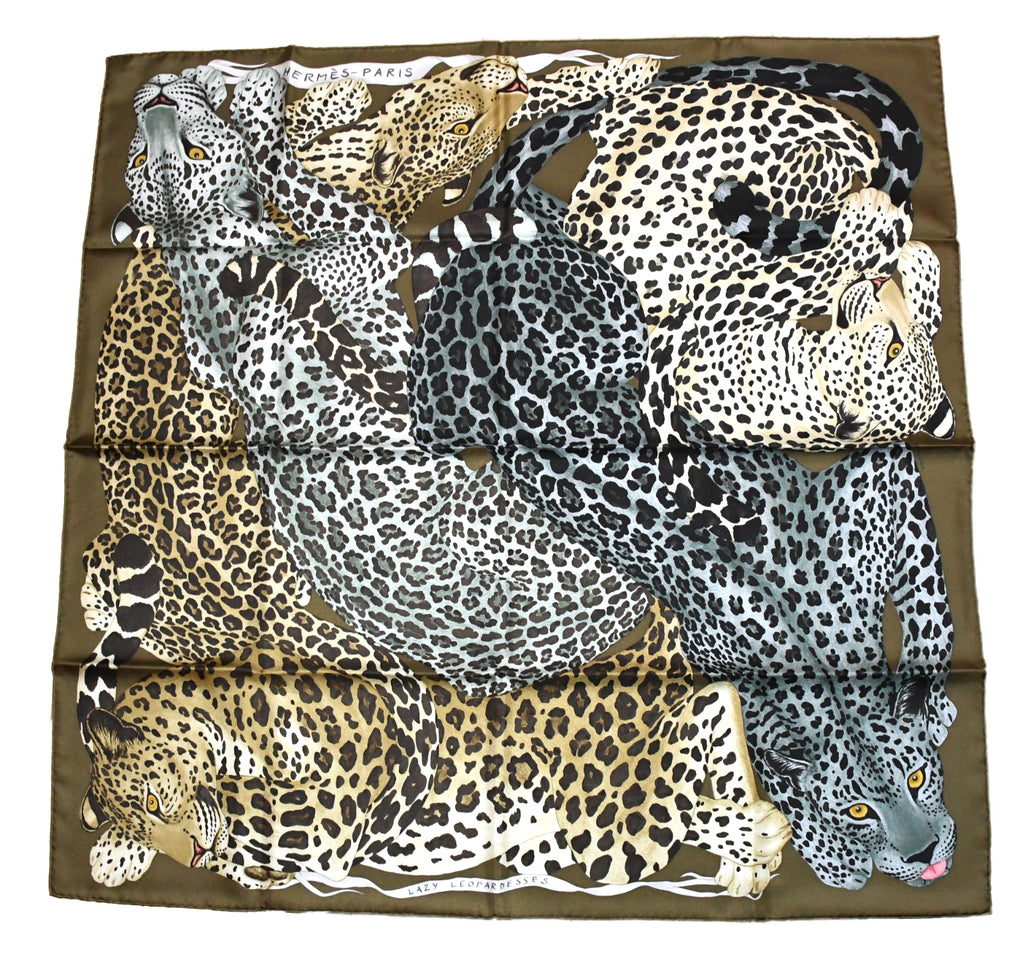 Hermes Scarf Lazy Leopardesses 90 cm silk khaki green Carre leopard animal 35"