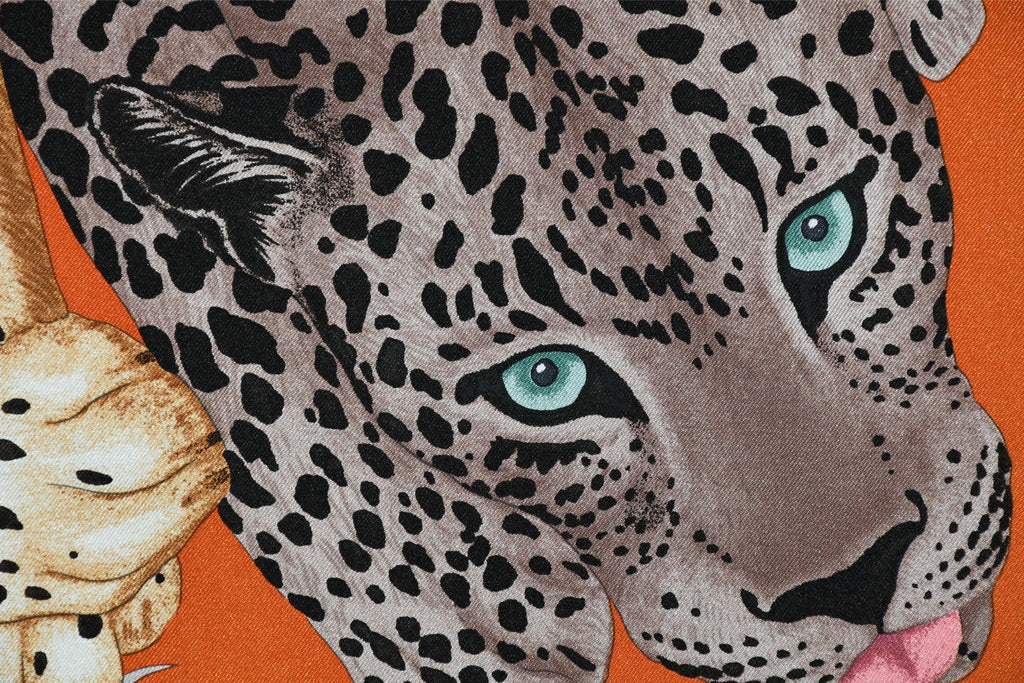 Hermes Scarf Lazy Leopardesses 90 cm silk orange Carre leopard animal 35"