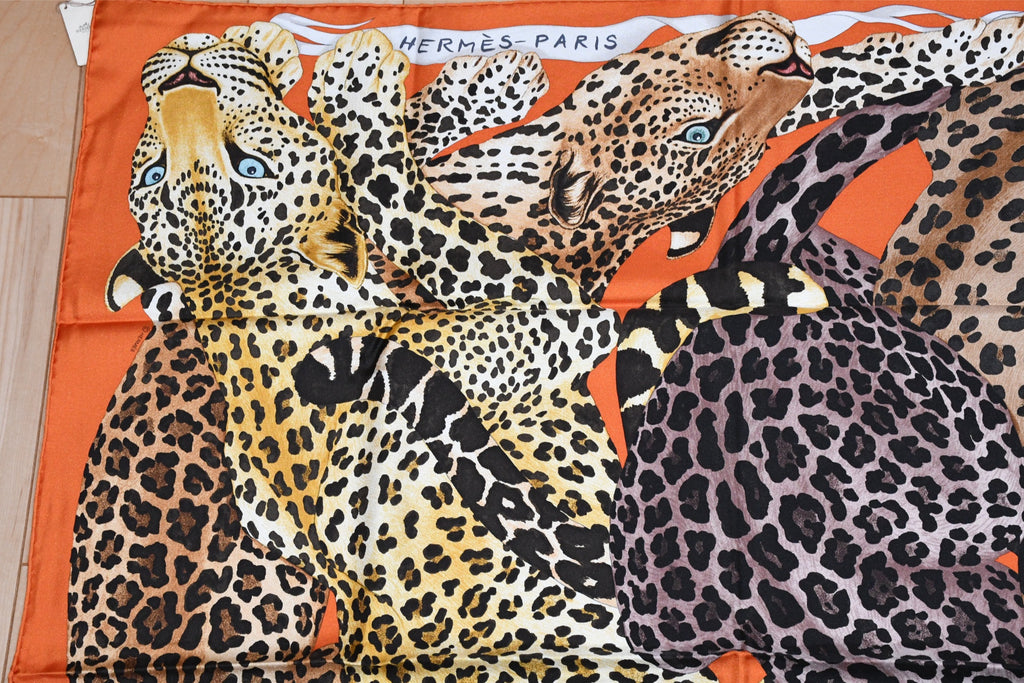 Hermes Scarf Lazy Leopardesses 90 cm silk orange Carre leopard animal 35"