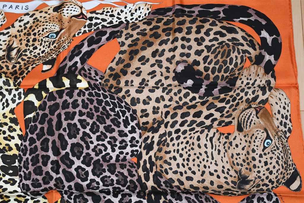 Hermes Scarf Lazy Leopardesses 90 cm silk orange Carre leopard animal 35"