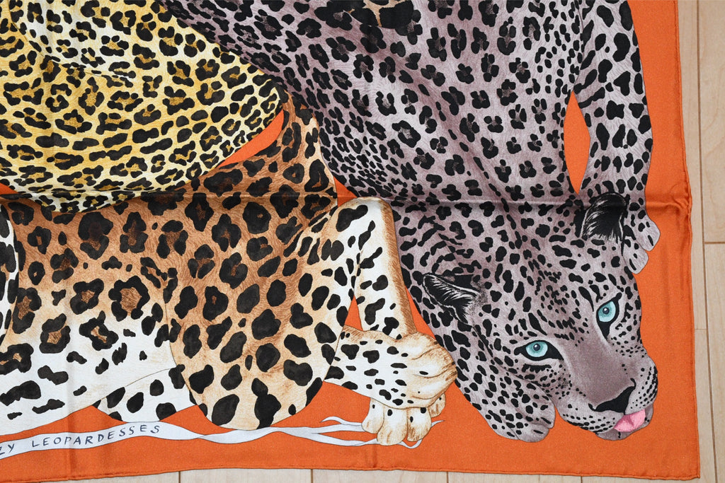 Hermes Scarf Lazy Leopardesses 90 cm silk orange Carre leopard animal 35"