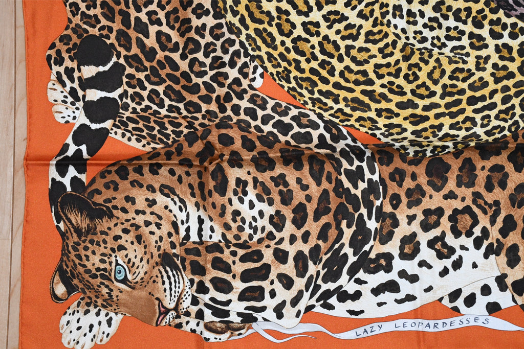 Hermes Scarf Lazy Leopardesses 90 cm silk orange Carre leopard animal 35"
