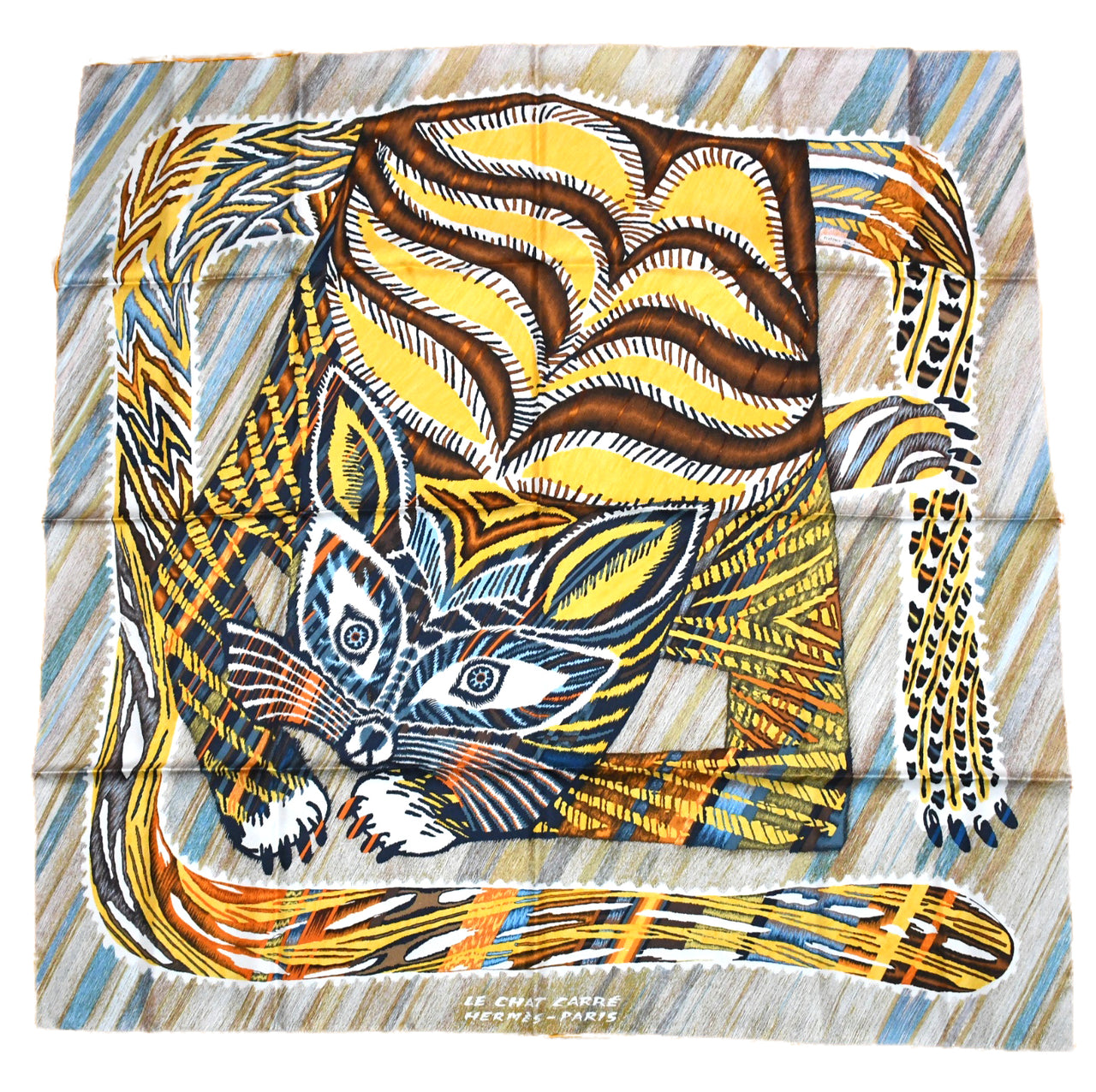 Hermes Scarf Le Chat Carre 90 cm silk yellow cat animal