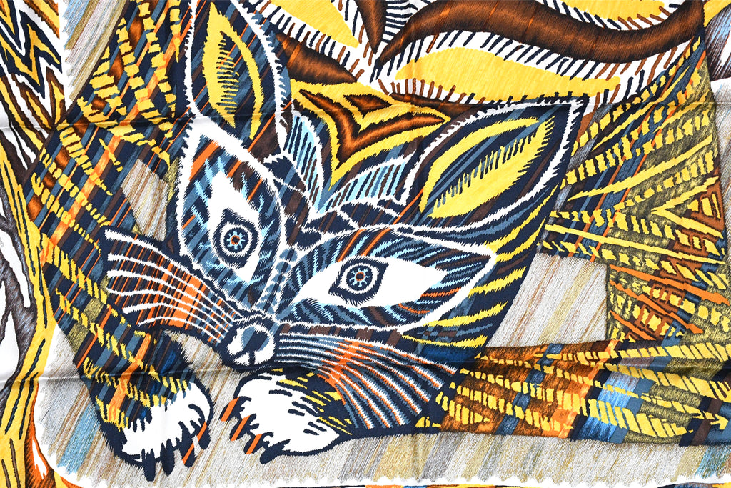 Hermes Scarf Le Chat Carre 90 cm silk yellow cat animal