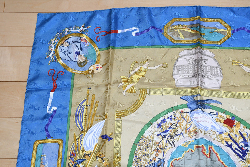 Hermes Scarf Le Geographe 90 cm silk blue geography Carre map 35"