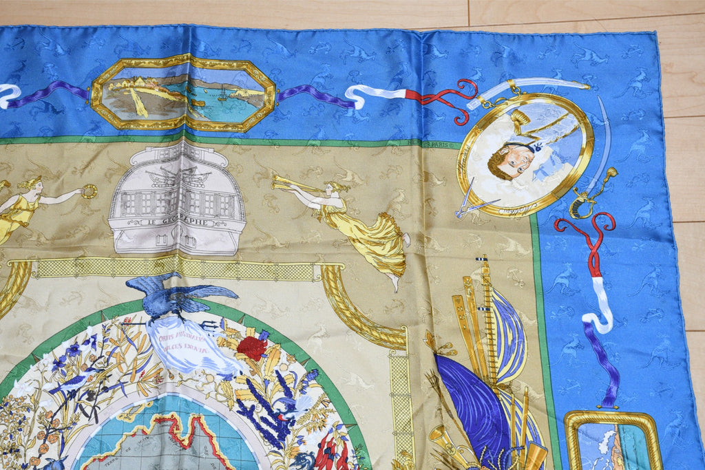 Hermes Scarf Le Geographe 90 cm silk blue geography Carre map 35"