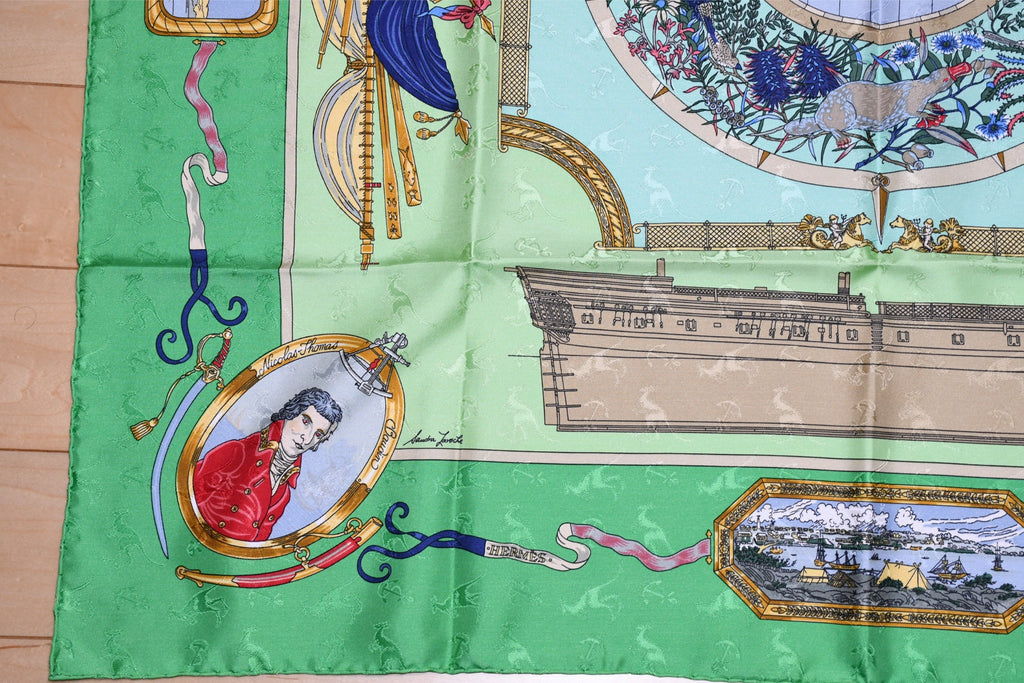 Hermes Scarf Le Geographe 90 cm silk green geography Carre map 35"