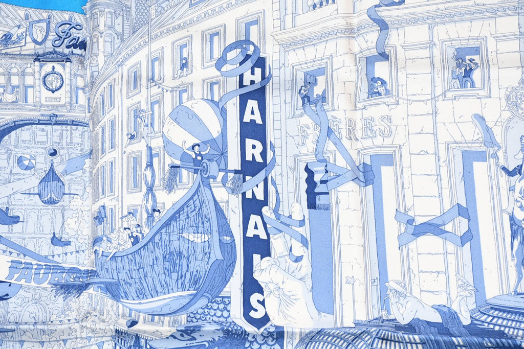 Hermes Scarf Le Grand Prix du Faubourg 90 cm silk blue Carre town 35"