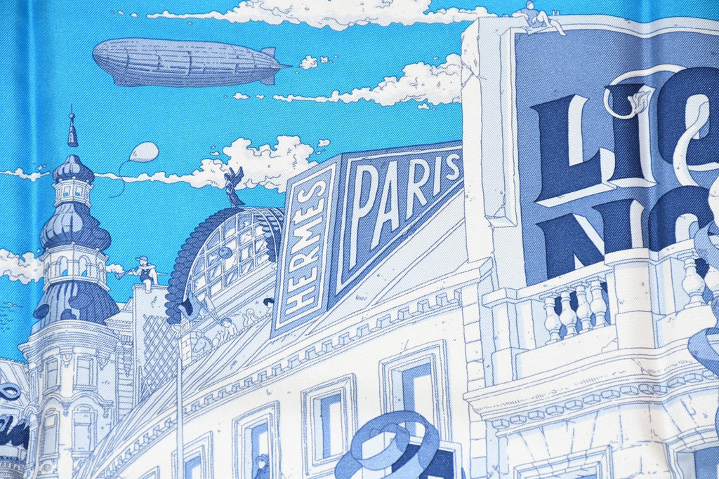 Hermes Scarf Le Grand Prix du Faubourg 90 cm silk blue Carre town 35"