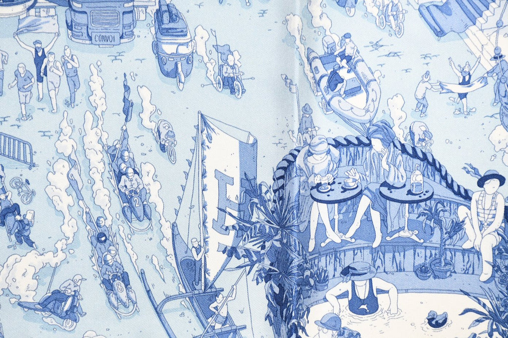 Hermes Scarf Le Grand Prix du Faubourg 90 cm silk blue Carre town 35"