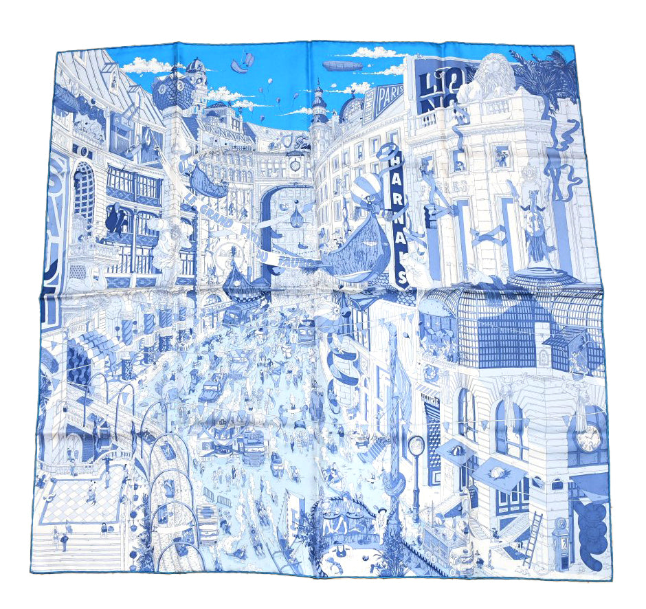 Hermes Scarf Le Grand Prix du Faubourg 90 cm silk blue Carre town 35"