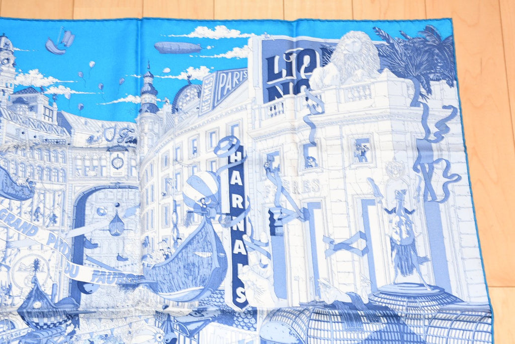 Hermes Scarf Le Grand Prix du Faubourg 90 cm silk blue Carre town 35"