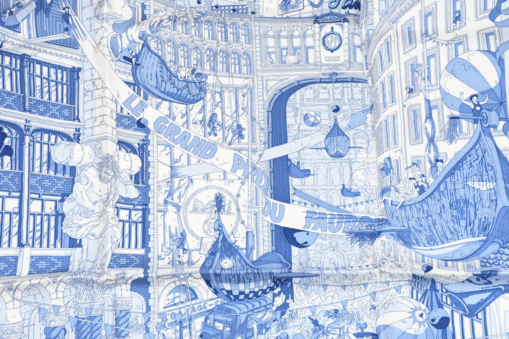 Hermes Scarf Le Grand Prix du Faubourg 90 cm silk blue Carre town 35"