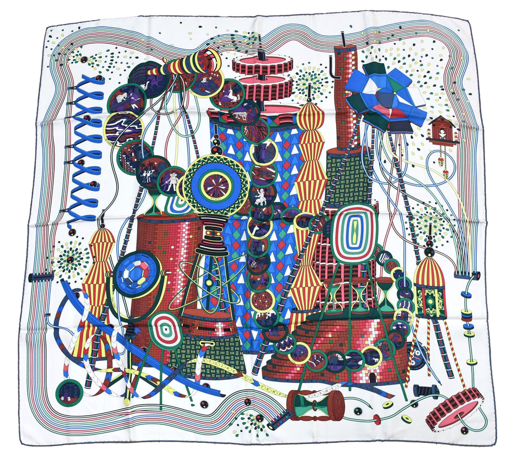 Hermes Scarf Le Laboratoire Du Temps 90 cm silk white Carre 35"