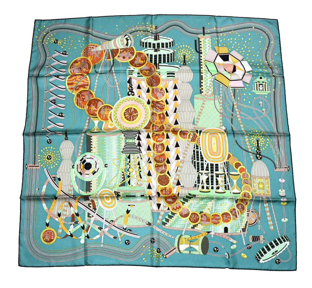 Hermes Scarf Le Laboratoire du Temps 90 cm silk green Carre time laboratory 35"