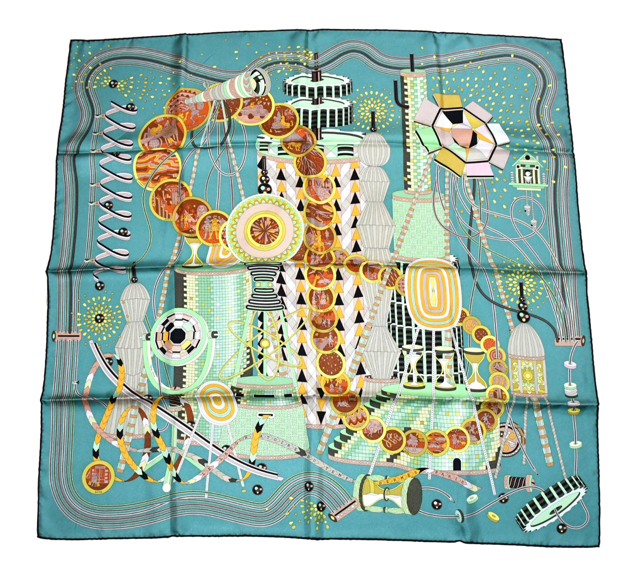 Hermes Scarf Le Laboratoire du Temps 90 cm silk green Carre time laboratory 35"