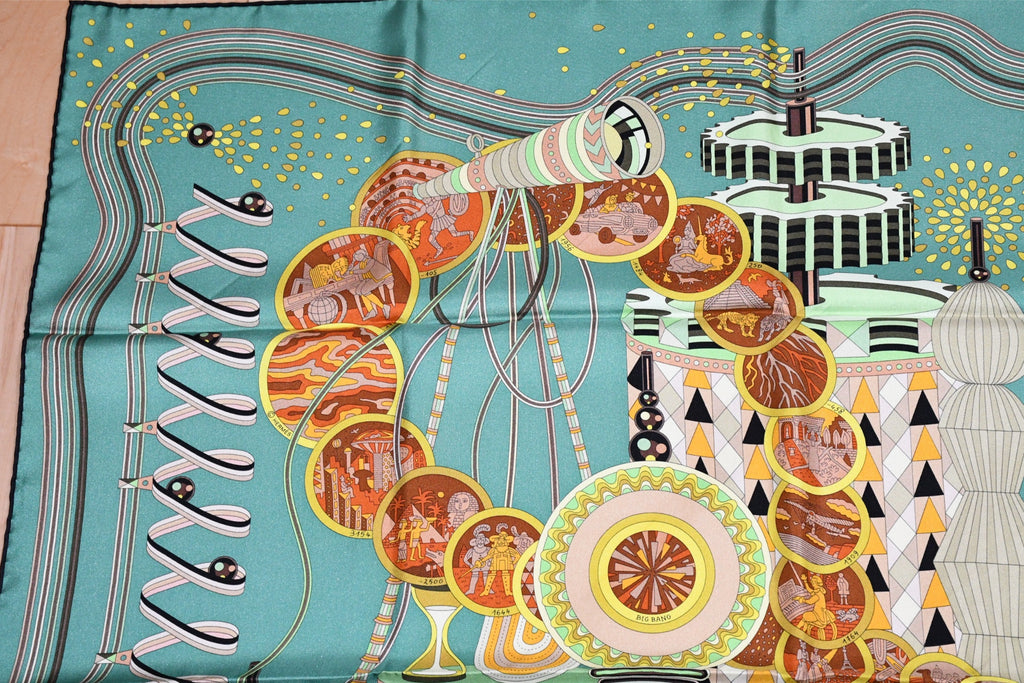 Hermes Scarf Le Laboratoire du Temps 90 cm silk green Carre time laboratory 35"