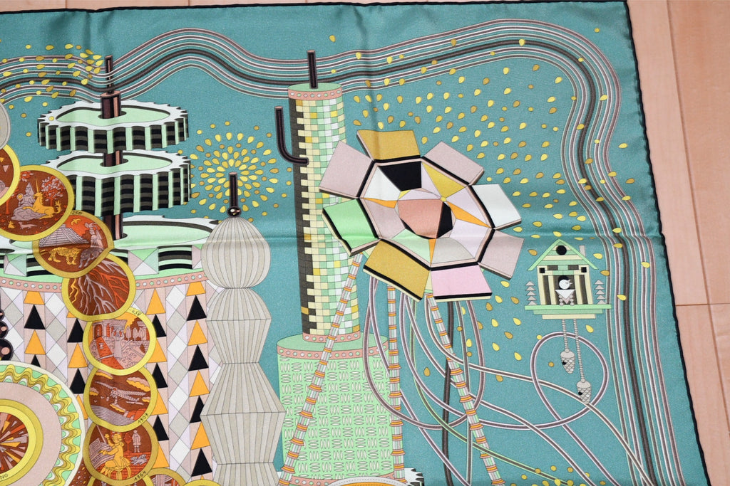 Hermes Scarf Le Laboratoire du Temps 90 cm silk green Carre time laboratory 35"