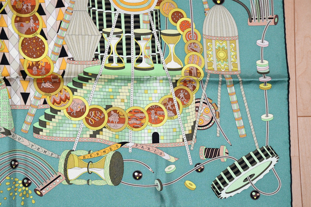 Hermes Scarf Le Laboratoire du Temps 90 cm silk green Carre time laboratory 35"