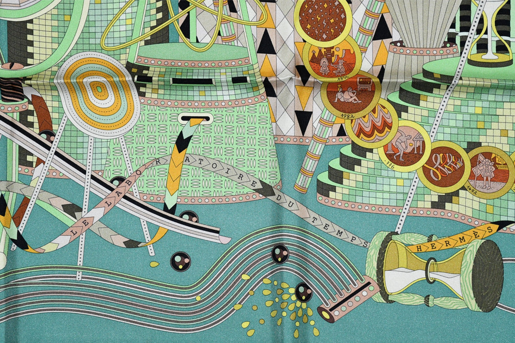 Hermes Scarf Le Laboratoire du Temps 90 cm silk green Carre time laboratory 35"
