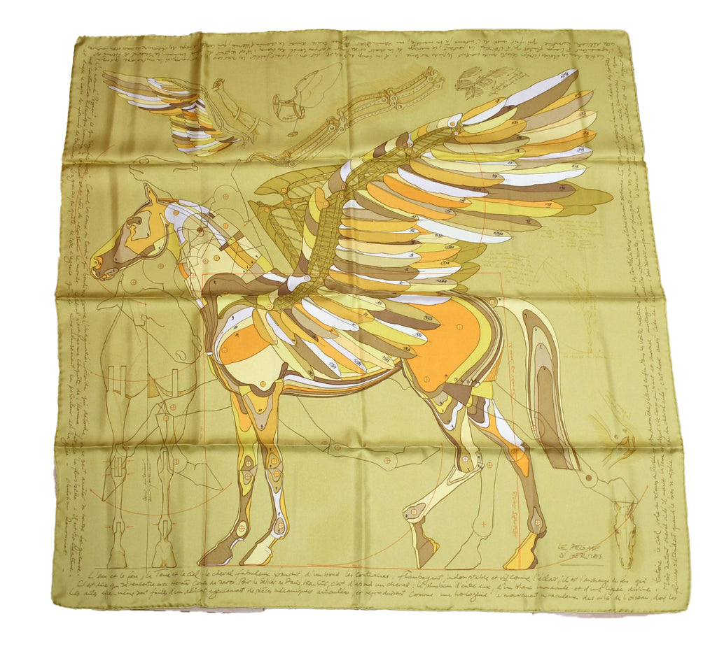 Hermes Scarf Le Pegase d'Hermes 90 cm silk yellow brown Pegasus Carre 35"
