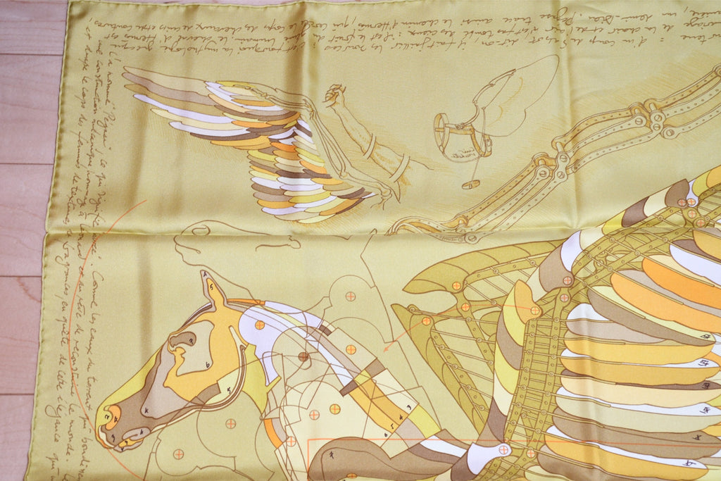 Hermes Scarf Le Pegase d'Hermes 90 cm silk yellow brown Pegasus Carre 35"