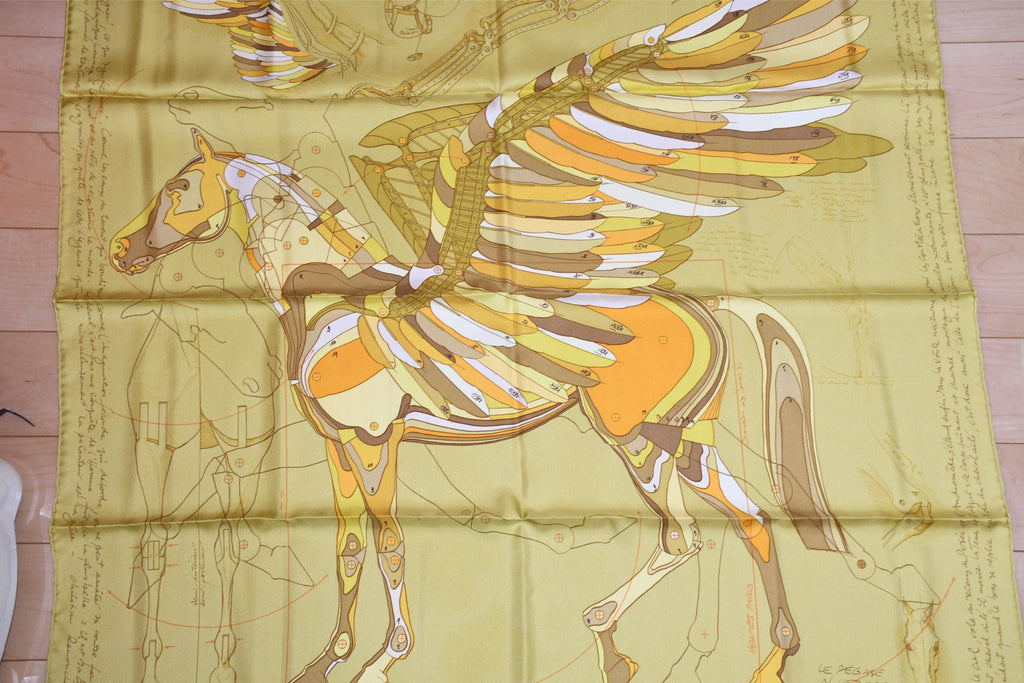 Hermes Scarf Le Pegase d'Hermes 90 cm silk yellow brown Pegasus Carre 35"