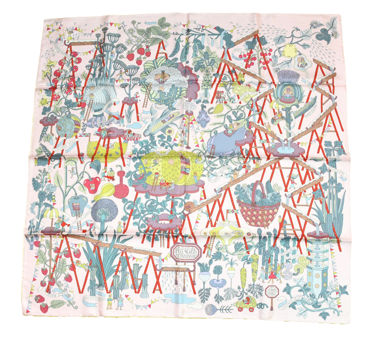 Hermes Scarf Le Potager Extraordinaire 90 cm silk light pink Carre garden flower 35"