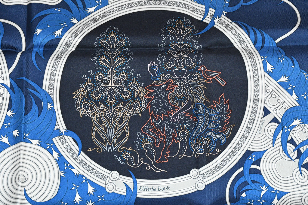 Hermes Scarf Legende Brodee 90 cm silk blue Carre legend embroidery 35"